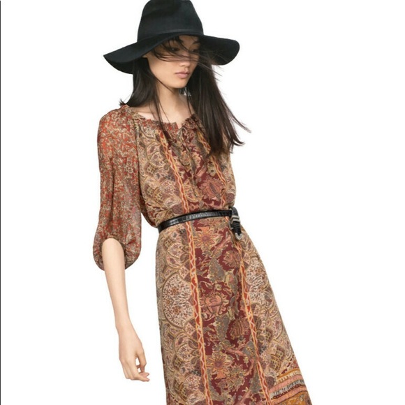 Zara NWOT balloon sleeve oriental print midi dress - Picture 2 of 11